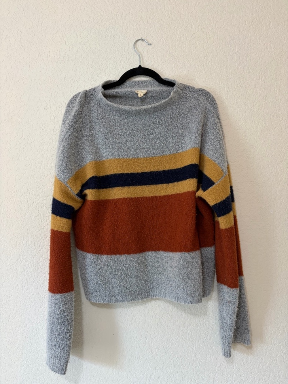 Hem & Thread Grey Crewneck Sweater with Rust, Mustard and Navy Stripes